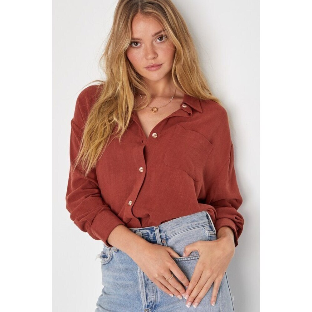 Lulus Contemporary Charisma Rust Brown Long Sleeve Button-up Top - Size S